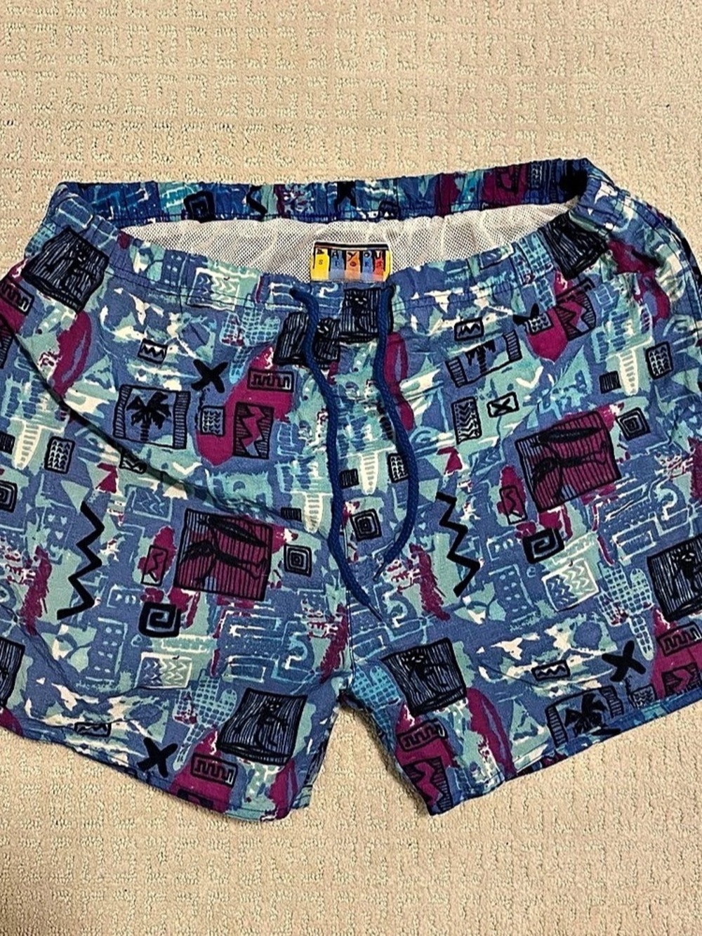 Vintage Bayou Sport Men's Abstract Swim Trunks Blue Print - Size Large -80s/90s